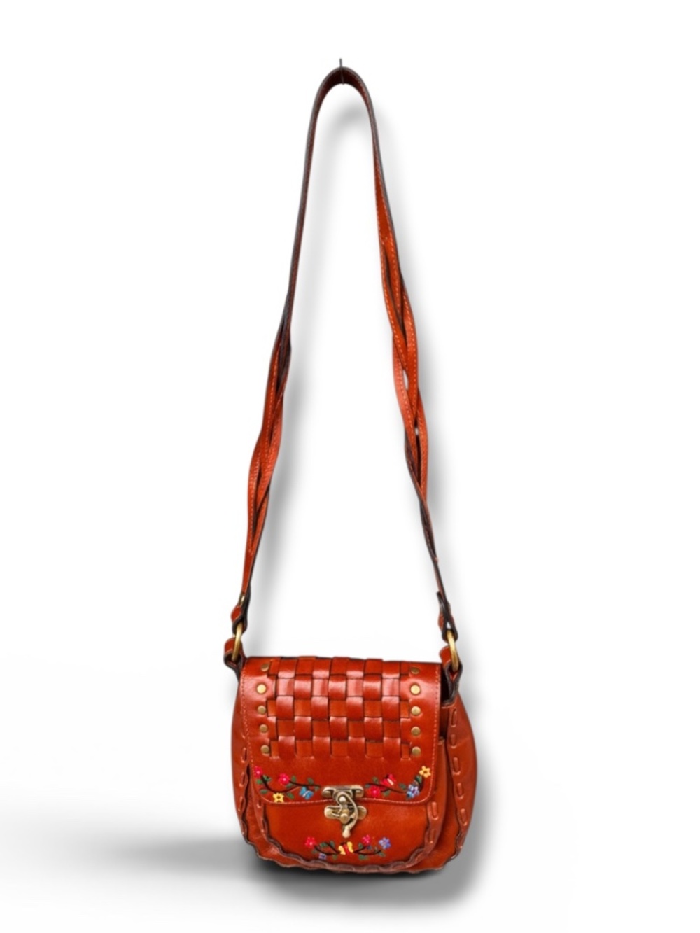 Patricia Nash Tooled Leather Crossbody Woven Floral Hand Painted Saddle Bag